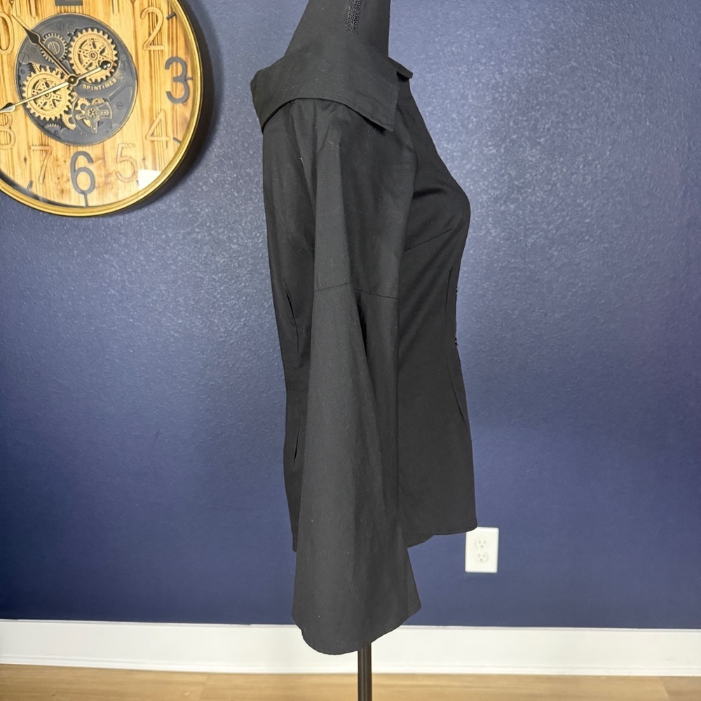 Aqua NWT Sculptural Bell Sleeve Off Shoulder Black Button Down Blouse | Small - Picture 4 of 9